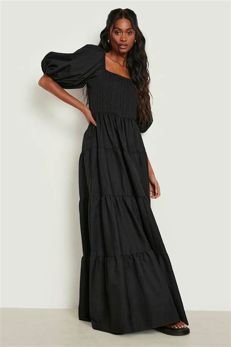 Extreme Puff Sleeve Shirred Maxi Smock Dress