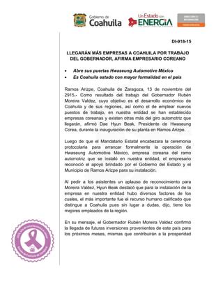 Llegarán más empresas a Coahuila por trabajo del Gobernador afirma