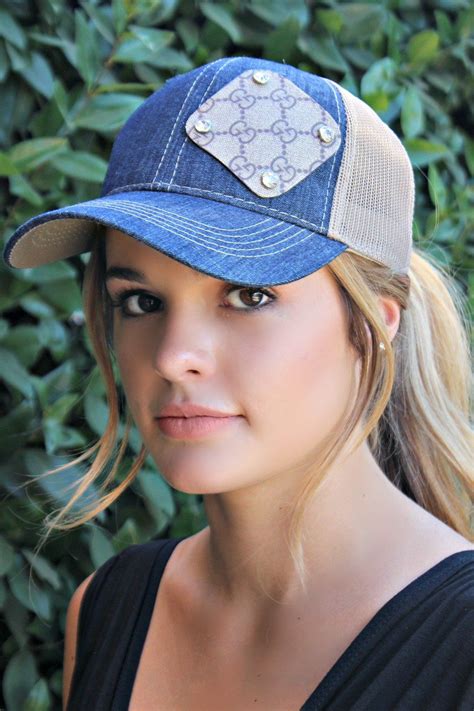 Re Purposed Patch Denim Hat With Swarovski Crystals Baseball Cap