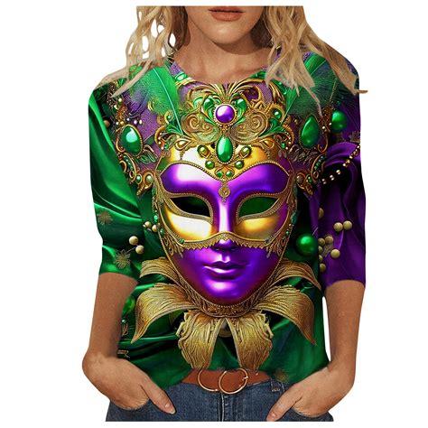 Reoriafee Mardi Gras Clothes For Women 34 Sleeve T Shirt Casual Mask