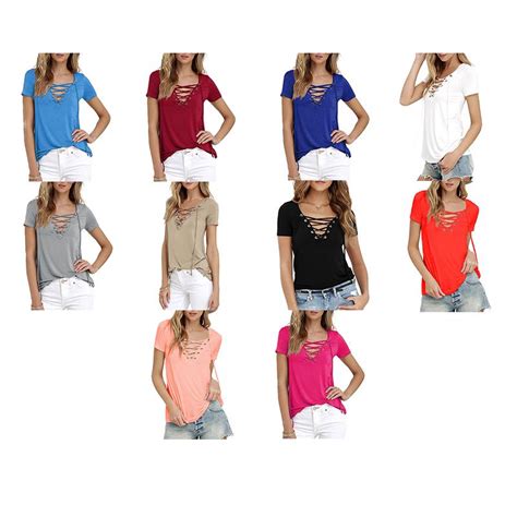 LASPERAL Deep V Neck T Shirts Tees Bandage Blouse Tops Plus Size Uygun