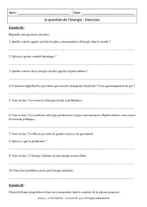 La question de lénergie Exercices corrigés 5ème Géographie