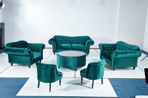 Chesterfield Green Velvet Couch Living Room Set With Round Table