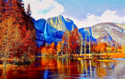 Wallpaper autumn, forest, trees, mountains, river, CA, USA, Yosemite ...