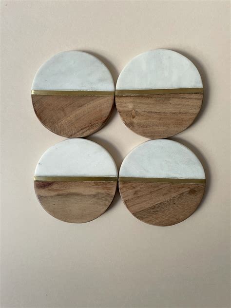 White Marble And Wood Coaster Set Of 4 Round Wooden Brass Coasters