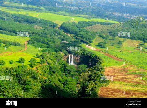 Aerial View Of Wailua Falls On Wailua River Kauai Hawaii Usa Stock