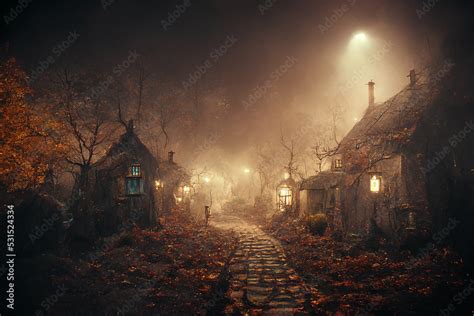 Stone Path Between The Huts Of A Spooky Mystical Village At Autumn