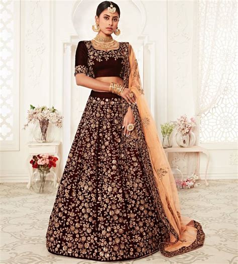 Stunning Dark Maroon Velvet Zari Embroidered Bridal Heavy Lehenga Choli