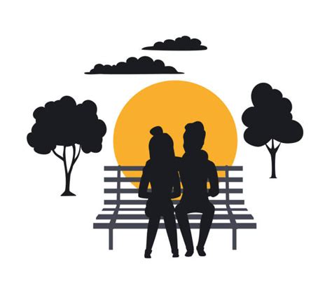 Silhouette Of Romantic Couple Sitting Park Bench Together Illustrations