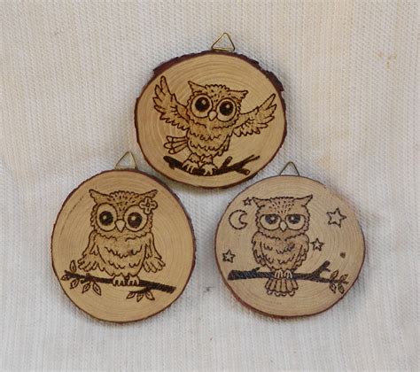 Set Of Three Wood Burned Owl Round Ornaments Cute Rustic Wall Art Eco