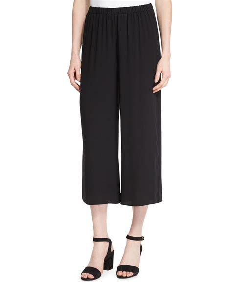 Eileen Fisher Wide Leg Silk Georgette Cropped Pants In Black Lyst