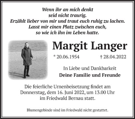 Traueranzeigen von Margit Langer Märkische Onlinezeitung Trauerportal