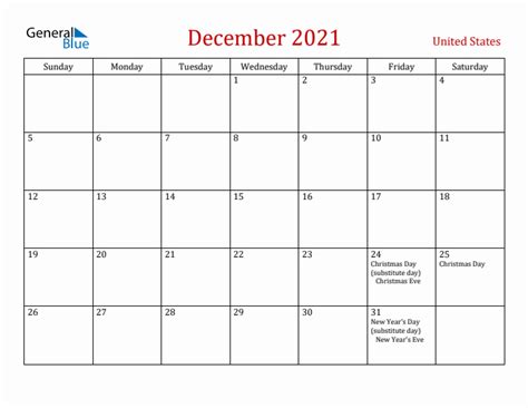 December 2021 United States Monthly Calendar With Holidays