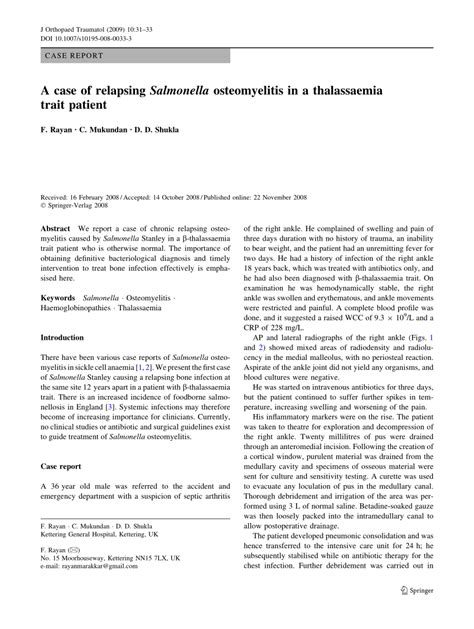 Pdf A Case Of Relapsing Salmonella Osteomyelitis In A Thalassaemia