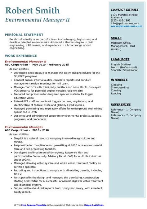 Environmental Manager Resume Samples Qwikresume