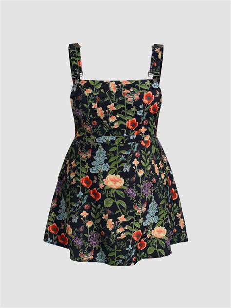 Curve And Plus Corduroy Square Neck Floral Ruffle Hem Mini Dress For