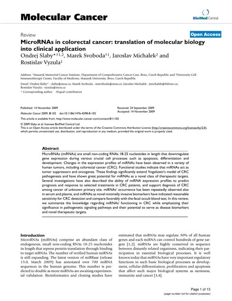 Pdf Slaby O Svoboda M Michalek J Vyzula Rmicrornas In Colorectal