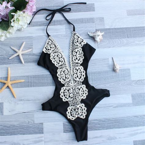 Kailindi Solid Black One Piece Swimsuit Lace Women Swimwear Sexy Deep V