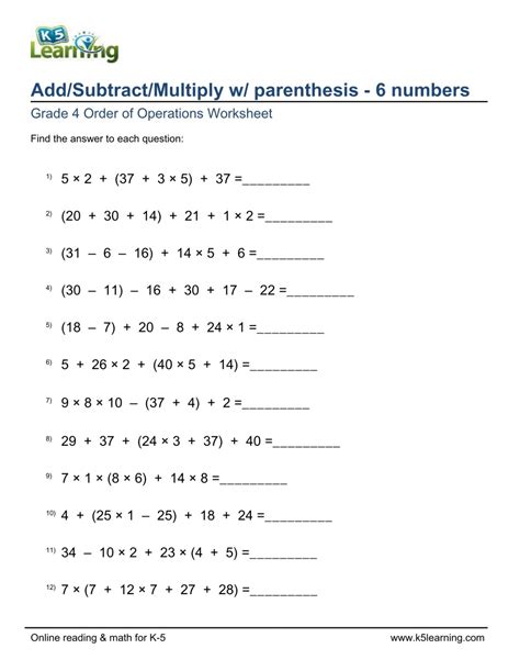 Grade Add Subtract Multiply Parenthesis Six Numbers A