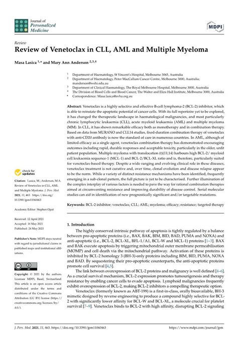 Review of Venetoclax in CLL, AML and Multiple Myeloma - DocsLib