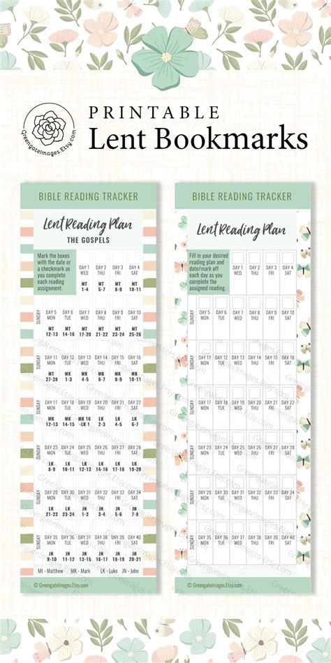 Lent Bookmark Bible Tracker Printable Bookmark Lenten Reading Plan