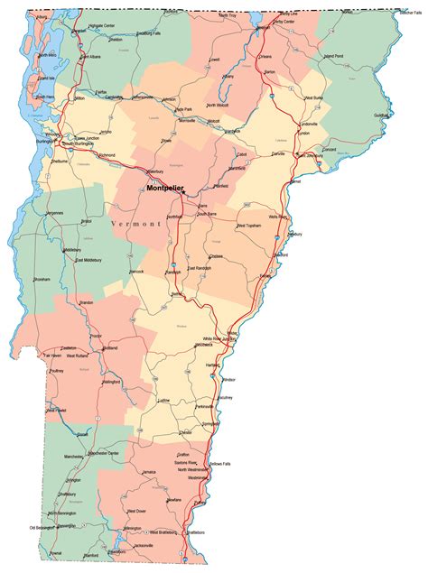 Large administrative map of Vermont state with roads, highways and