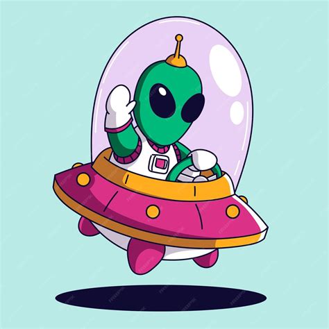 Lindo Alienígena De Dibujos Animados Volando En Una Nave Espacial Ovni Ilustración De Vector De