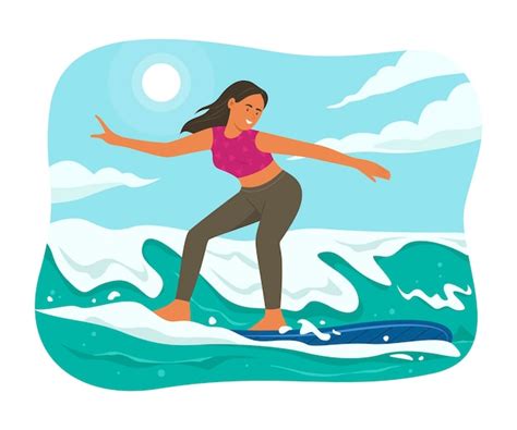 Mujer Deportiva Disfrutando Con Tabla De Surf Para La Ilustraci N Del