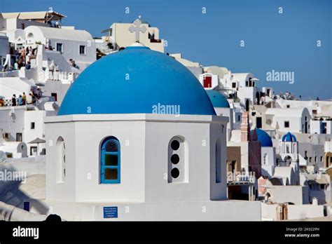 Famous Three Blue Domes In Oia Santorini Stock Photo Alamy