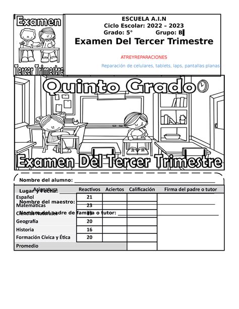 Examen Tercer Trimestre Quinto Grado Jose Tzec Asignatura Reactivos