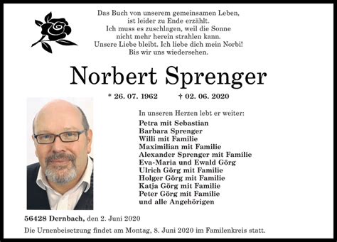 Traueranzeigen Von Norbert Sprenger Rz Trauer De