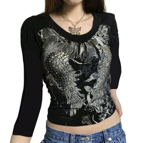 Shuttle Tree Women Wing Rhinestone Graphic T Shirt Crop Top Fairy