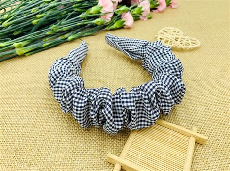 Navy Blue Gingham Ruched Ruffle Headband Ampia Fascia Per La Testa