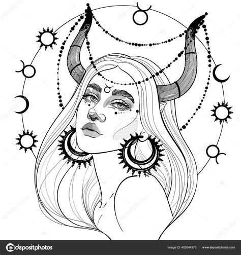 Black White Taurus Girl Horns Precious Jewelry Stock Illustration by ...