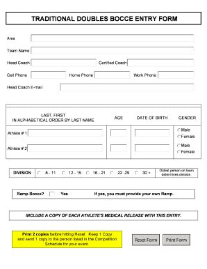 Fillable Online Sook TRADITIONAL DOUBLES BOCCE ENTRY FORM Fax Email