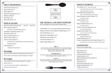 Menu at General Denver Hotel restaurant, Wilmington