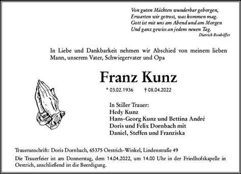 Traueranzeigen Von Franz Kunz Vrm Trauer De