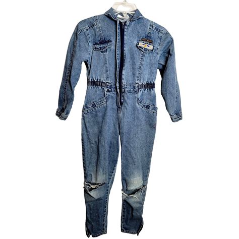 Vintage Jetset Denim Flight Suit Jumpsuit Youth Size 10 Torn Knees 80s