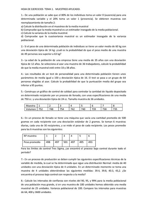 Hoja De Ejercicios Muestreo Tema 1 Hoja De Ejercicios Tema 1 Muestreo Aplicado De Una Se