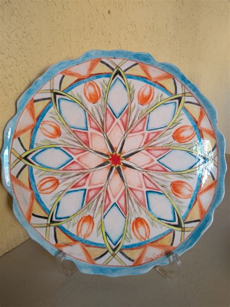 Prato Mandala em Cerâmica Pintado a Mão 35 cm Elo7