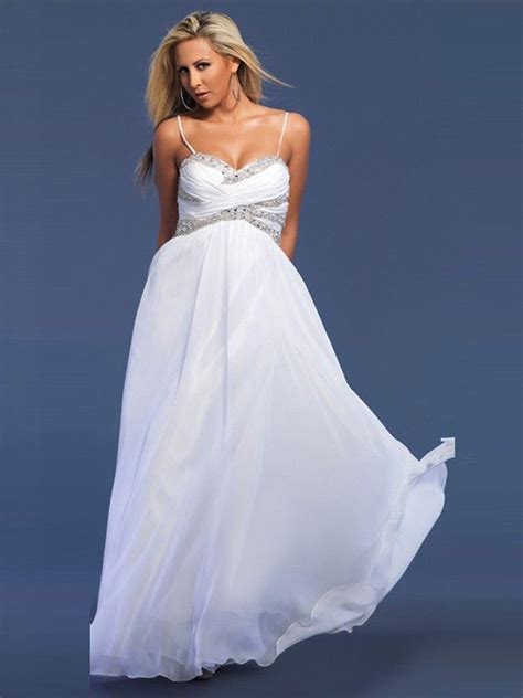 A Line Spaghetti Straps Ruffles Sleeveless Floor Length Chiffon White