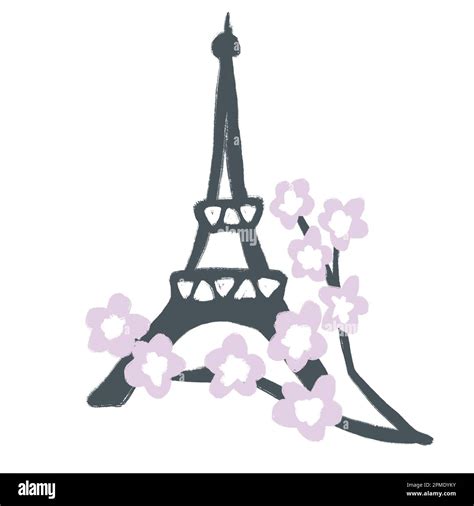 Hand Drawn Illustration With Eiffel Tower Cherry Blossom Flowers On