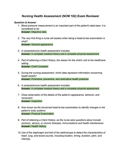 Solution Nursing Ncm Health Assessment Exam Reviewer Studypool