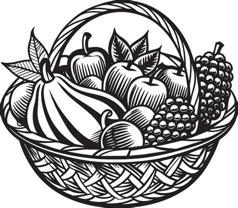 basket with fruits illustration black and white 45650579 Vector Art at ...