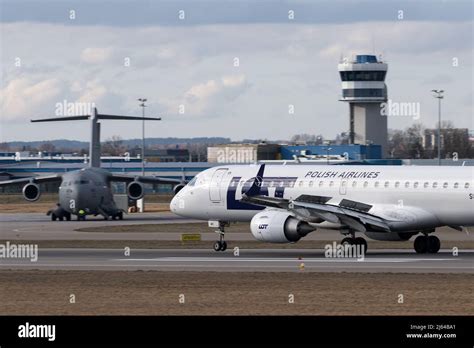 United States Air Force large military transport aircraft Boeing C-17A Globemaster III in Gdansk ...