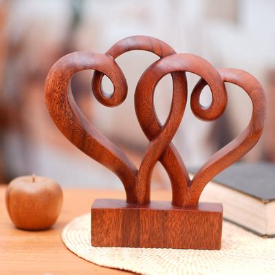 Hand Carved Polished Wood Sculpture Of Two Abstract Hearts Be One