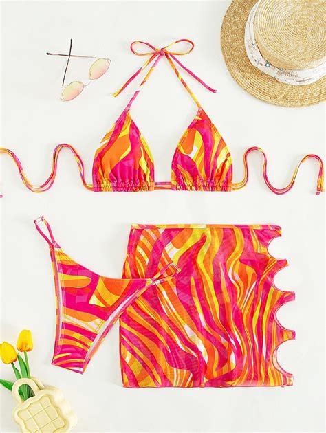 Allover Print Triangle Bikini Swimsuit With Cover Up Set Shein Uk