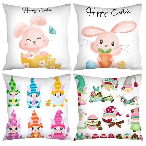 Dicasser 4 Pack Easter Spring Throw Pillow Cover Rabbit Bunnies With