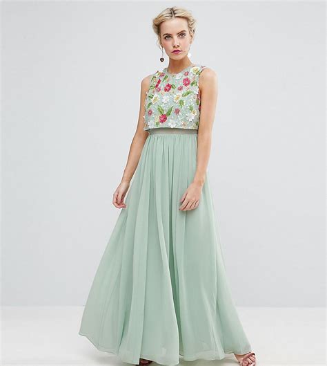 Asos Synthetic 3d Floral Embellished Crop Top Maxi Dress In Green Lyst