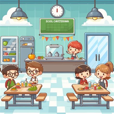 A cartoon drawing of a school cafeteria with a clock on the wall | Premium AI-generated vector